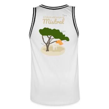 A l'abri du soleil mais pas du mistral - Maillot de basket Homme - blanc/noir - Dos - AI Model Male 185 dark (185cm)