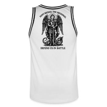 Saint Michael the Archangel – Catholic Line Art - Men's Basketball Jersey - white/black - Back - AI Model Male 185 dark (185cm)