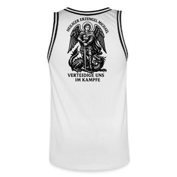 Erzengel Michael verteidige uns – Kampf mit Drache - Männer Basketball-Trikot - Weiß/Schwarz - Hinten - AI Model Male 185 dark (185cm)