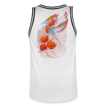 Feuriger Papagei mit Rosenmotiven - Männer Basketball-Trikot - Weiß/Schwarz - Hinten - AI Model Male 185 dark (185cm)