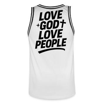 Liebe Gott und liebe Deinen Nächsten - Männer Basketball-Trikot - Weiß/Schwarz - Hinten - AI Model Male 185 dark (185cm)
