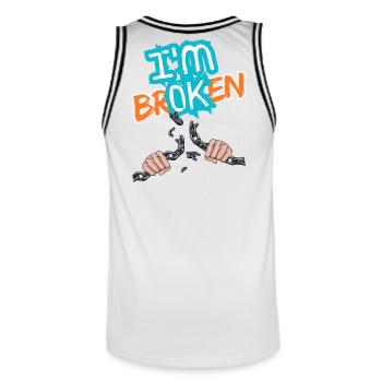 Hände, die eine Kette mit einer Inschrift zerbrechen - Männer Basketball-Trikot - Weiß/Schwarz - Hinten - AI Model Male 185 dark (185cm)