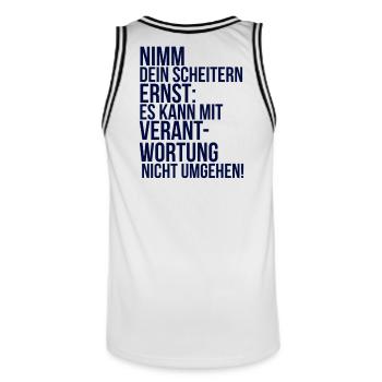 about going wild: Nimm dein Scheitern ernst - Männer Basketball-Trikot - Weiß/Schwarz - Hinten - AI Model Male 185 dark (185cm)