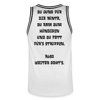 Chemise sarcasme : Pension ? Démissionner ? Se déshabiller ? Non. - Maillot de basket Homme - blanc/noir - Dos - AI Model Male 185 dark (185cm)