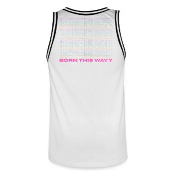 Pride / CSD / LGBTQ+ Design "Born this wayy" - Men's Basketball Jersey - white/black - Back - AI Model Male 185 dark (185cm)