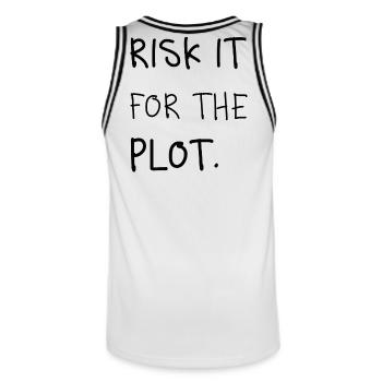 Risk It for the Plot – Handwriting - Men's Basketball Jersey - white/black - Back - AI Model Male 185 dark (185cm)