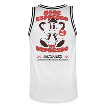 More Espresso No Depresso Coffee Shirt - Men's Basketball Jersey - white/black - Back - AI Model Male 185 dark (185cm)