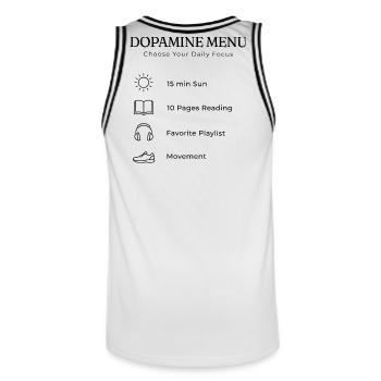 Dopamine Menu Backprint – Aesthetic Self Care - Männer Basketball-Trikot - Weiß/Schwarz - Hinten - AI Model Male 185 dark (185cm)