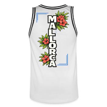 Mallorca Schriftzug mit Blumen und Sommerfeeling - Männer Basketball-Trikot - Weiß/Schwarz - Hinten - AI Model Male 185 dark (185cm)