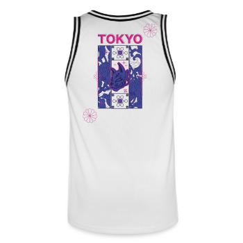 Tokyo Neon Kitsune design - Men's Basketball Jersey - white/black - Back - AI Model Male 185 dark (185cm)