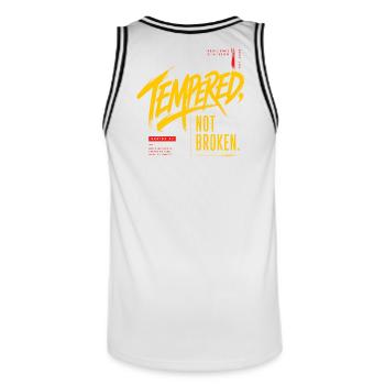 Tempered, Not Broken – Design streetwear motivatio - Men's Basketball Jersey - white/black - Back - AI Model Male 185 dark (185cm)