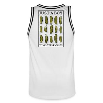JUST A BOY WHO LOVES PICKLES - with frame - Men's Basketball Jersey - white/black - Back - AI Model Male 185 dark (185cm)