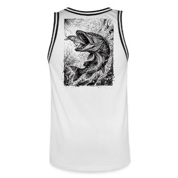 Hecht am Wobbler | Classic Collection - Männer Basketball-Trikot - Weiß/Schwarz - Hinten - AI Model Male 185 dark (185cm)