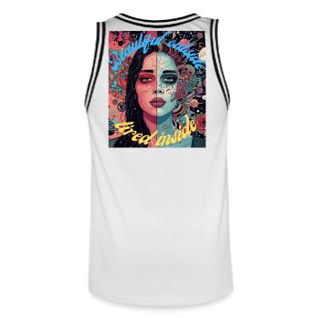 Beautiful Outside Tired Inside Female Portrait - Men's Basketball Jersey - white/black - Back - AI Model Male 185 dark (185cm)