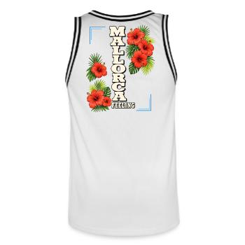 Sensation de Majorque avec hibiscus et feuilles tropicales - Maillot de basket Homme - blanc/noir - Dos - AI Model Male 185 dark (185cm)