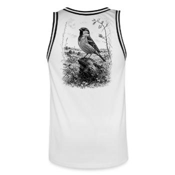 Un joli moineau dessiné artistiquement sur un tronc d’arbre - Maillot de basket Homme - blanc/noir - Dos - AI Model Male 185 dark (185cm)