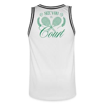 See You in Court Tennis Club - Men's Basketball Jersey - white/black - Back - AI Model Male 185 dark (185cm)