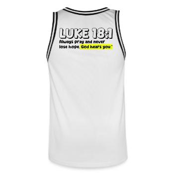 Luke 18:1 | Bible Quote - Men's Basketball Jersey - white/black - Back - AI Model Male 185 dark (185cm)
