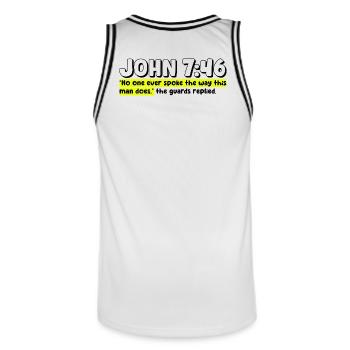 John 7:46 | Bible Quote - Men's Basketball Jersey - white/black - Back - AI Model Male 185 dark (185cm)
