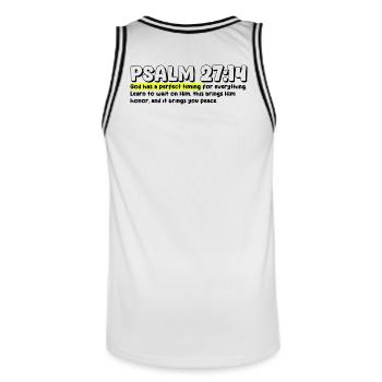 Psalm 27:14 | Bible Quote - Men's Basketball Jersey - white/black - Back - AI Model Male 185 dark (185cm)