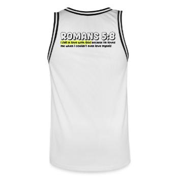 Romains 5:8 | Citation de la Bible - Maillot de basket Homme - blanc/noir - Dos - AI Model Male 185 dark (185cm)
