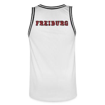 Freiburg College (Vintage Schwarz/Rot) - Männer Basketball-Trikot - Weiß/Schwarz - Hinten - AI Model Male 185 dark (185cm)
