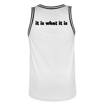 It Is What It Is – Retro Spruch Grafik - Männer Basketball-Trikot - Weiß/Schwarz - Hinten - AI Model Male 185 dark (185cm)