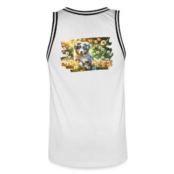 Chiot australien Shephe joueur sur une prairie de pissenlit - Maillot de basket Homme - blanc/noir - Dos - AI Model Male 185 dark (185cm)