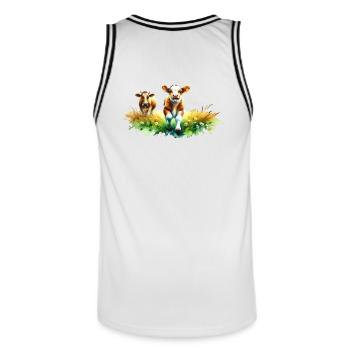 Veau joueur dans un paysage estival - Maillot de basket Homme - blanc/noir - Dos - AI Model Male 185 dark (185cm)