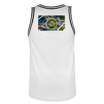 Vue aérienne Cercle rond Accents verts - Maillot de basket Homme - blanc/noir - Dos - AI Model Male 185 dark (185cm)