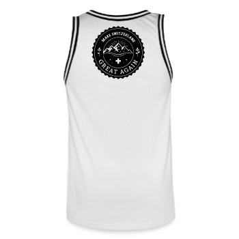 MAKE SWITZERLAND GREAT AGAIN Emblem - Männer Basketball-Trikot - Weiß/Schwarz - Hinten - AI Model Male 185 dark (185cm)