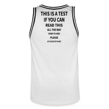 Lustiges Zitat: Das ist ein Test, wenn du das lesen kannst. - Männer Basketball-Trikot - Weiß/Schwarz - Hinten - AI Model Male 185 dark (185cm)
