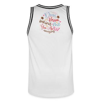 À la personne derrière moi À la personne derrière moi À la personne derrière moi - Maillot de basket Homme - blanc/noir - Dos - AI Model Male 185 dark (185cm)