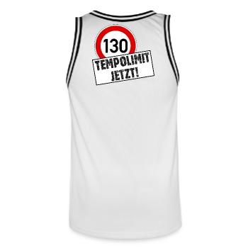 Tempolimit 130 Jetzt - Männer Basketball-Trikot - Weiß/Schwarz - Hinten - AI Model Male 185 dark (185cm)