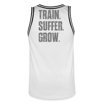Train Suffer Grow Grunge Theme - Gray - Men's Basketball Jersey - white/black - Back - AI Model Male 185 dark (185cm)