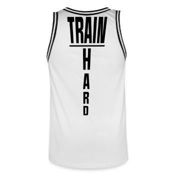 Train Hard Backprint Training Gym Fitness - Männer Basketball-Trikot - Weiß/Schwarz - Hinten - AI Model Male 185 dark (185cm)