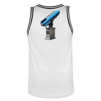 GODNEWS Alltagstourist*in »Fernrohr« - Männer Basketball-Trikot - Weiß/Schwarz - Hinten - AI Model Male 185 dark (185cm)