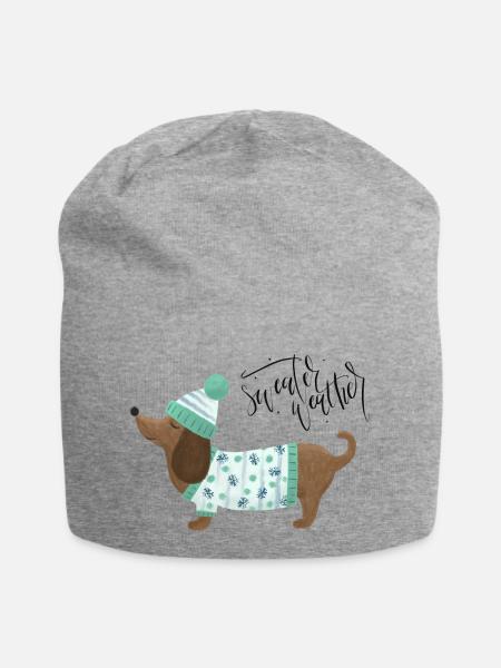 Dackel mit Pullover und Mütze - Sweater Weather - Jersey-Beanie - Grau meliert