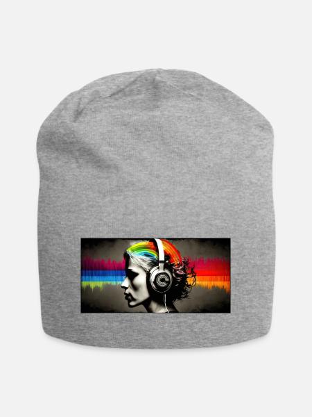 Rainbow Pulse Headphones Portrait - Jersey Beanie - heather grey