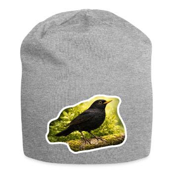 Blackbird on moss-covered branch - nature photo look - Jersey Beanie - heather grey - Front