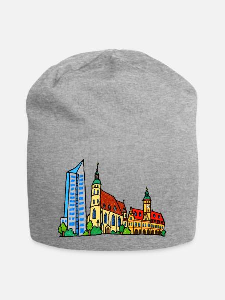 Bunte Leipziger Skyline im Kinderstil - Jersey-Beanie - Grau meliert