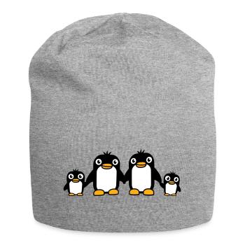 4 pingouins papa maman deux enfants bébé mains tenant - Bonnet en jersey - gris chiné - Devant