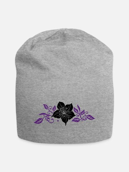 Schwarze Lilie mit violetten Ranken-Elementen - Jersey-Beanie - Grau meliert