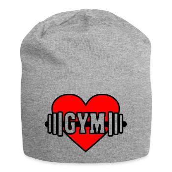 Hantel im roten Herz mit Text 'GYM' - Jersey-Beanie - Grau meliert - Vorne
