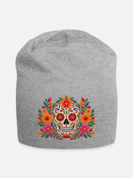 Floral Sugar Skull Burst - Jersey-Beanie - Grau meliert