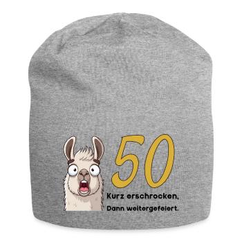 50 Geburtstag – Kurz erschrocken, dann gefeiert - Jersey-Beanie - Grau meliert - Vorne