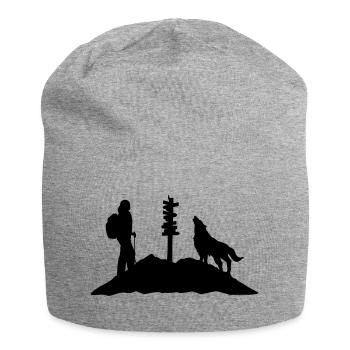 Wandern, Wanderin, Wolf und Berg - Jersey-Beanie - Grau meliert - Vorne