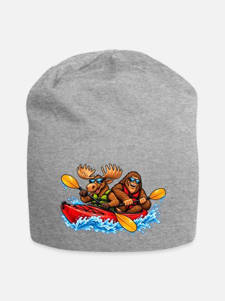 Elch & Bigfoot im Kajak – Lustiges Outdoor Motiv - Jersey-Beanie - Grau meliert