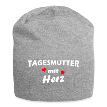 Tagesmutter mit Herz - weiß - Jersey-Beanie - Grau meliert - Vorne