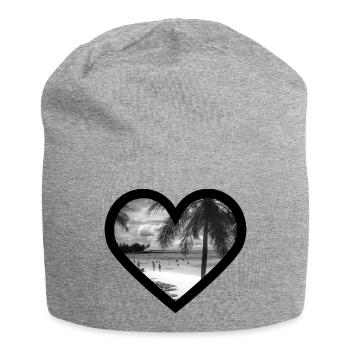 Strand mit Palmen / schwarzer Herz Rahmen - Jersey-Beanie - Grau meliert - Vorne